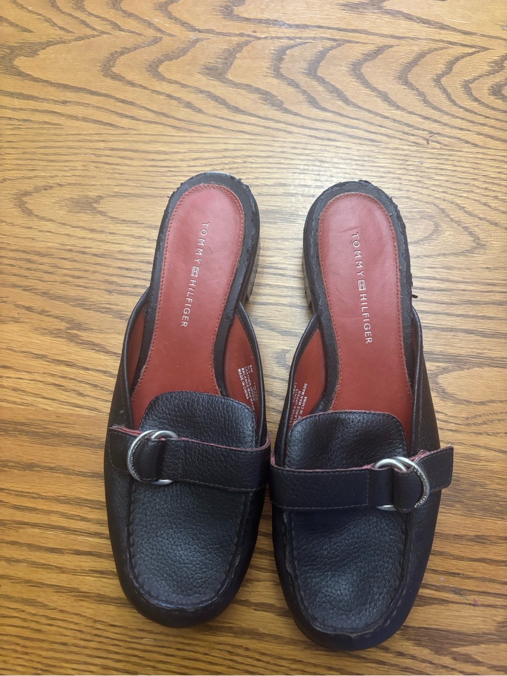 Tommy Hilfiger Black Leather Slip-On Mule with Silver Ring Accent